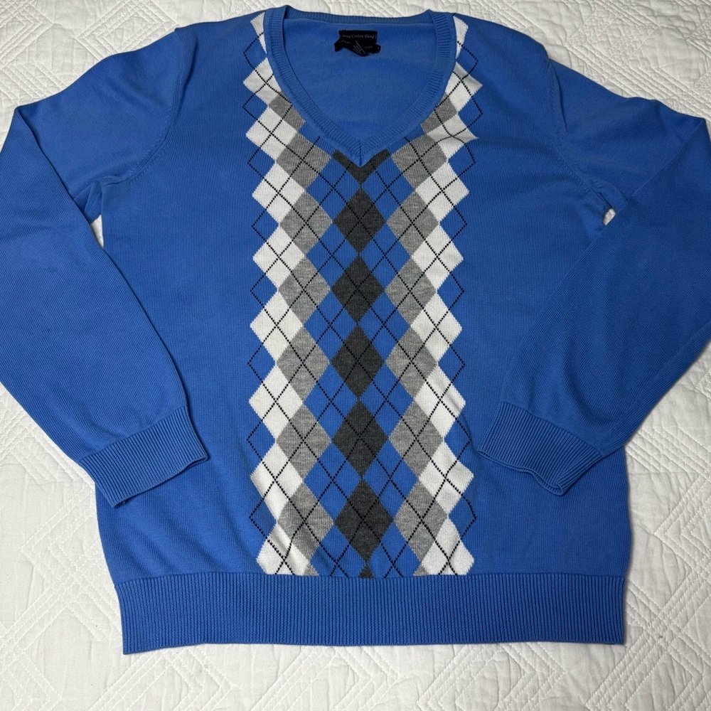 Tommy Hilfiger Women’s Blue and Gray Argyle V-Neck Golf Tennis Sweater Sz Large